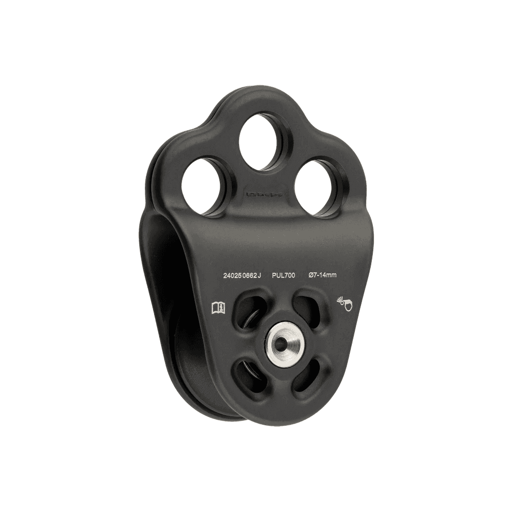 DMM Triple Attachment Pulley 2 in matte grey for tree surgeons, enhancing efficiency in tree work and rigging.