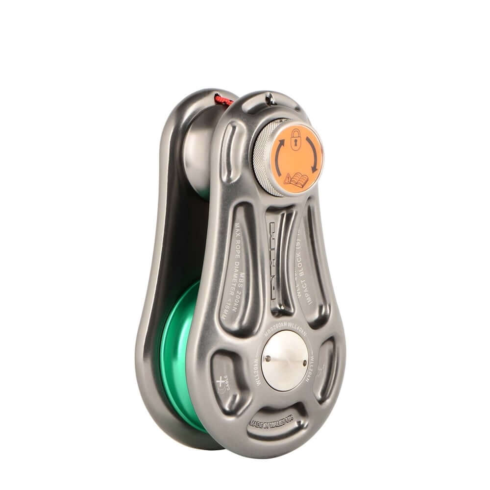 DMM Impact Small Pulley Block for tree surgeons, featuring forged aluminum construction and high-efficiency oilite bushings.