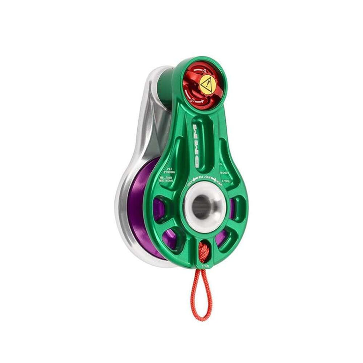 DMM Impact Pulley Blocks in green and purple, ideal for tree surgeons and climbing applications.