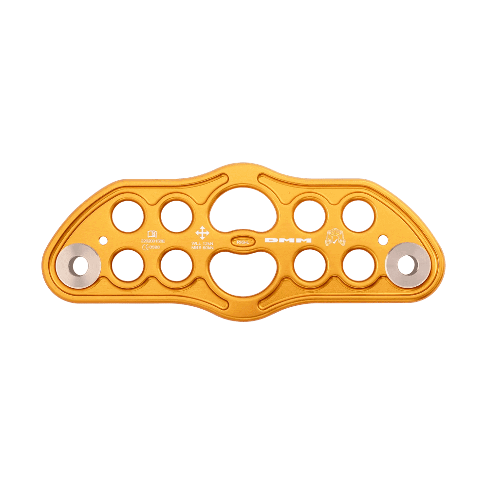 DMM Keanu Trolley Rig Plate in orange, designed for tree surgeons and highline rigging operations.