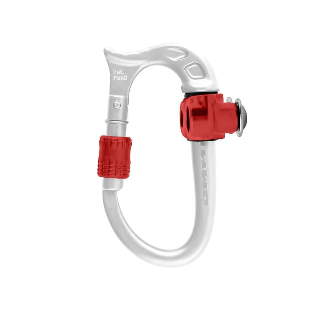 Close-up of a silver and red climbing carabiner, ideal for tree surgeons and climbing enthusiasts.