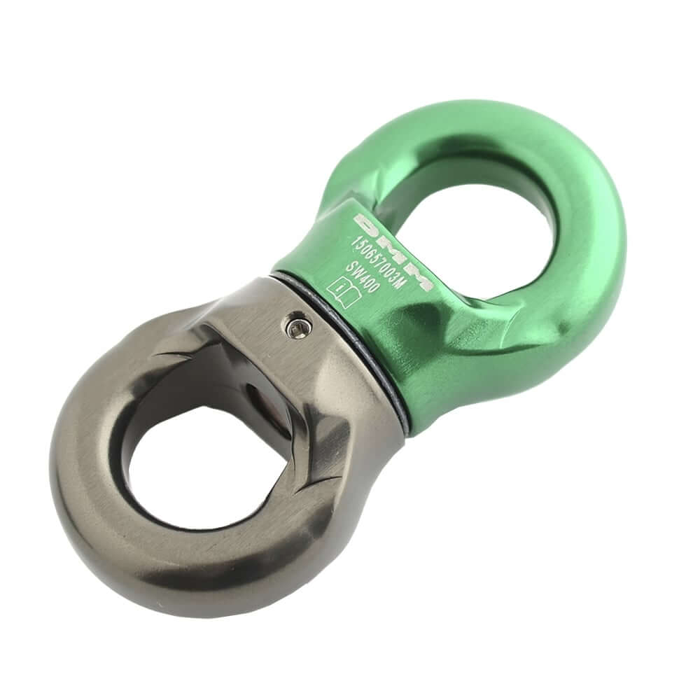 DMM Mini Swivel in green and silver, ideal for tree surgeons and efficient torsion management in compact spaces.