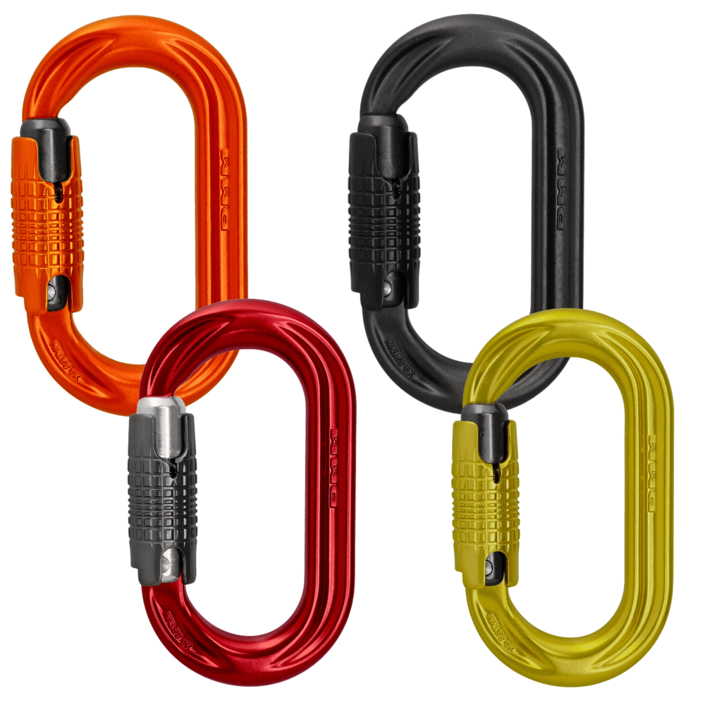 DMM PerfectO Locksafe Carabiners in red, orange, black, and yellow, designed for climbers and tree surgeons.