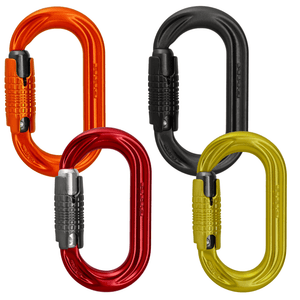 DMM PerfectO Locksafe Carabiners in red, orange, black, and yellow, designed for climbers and tree surgeons.