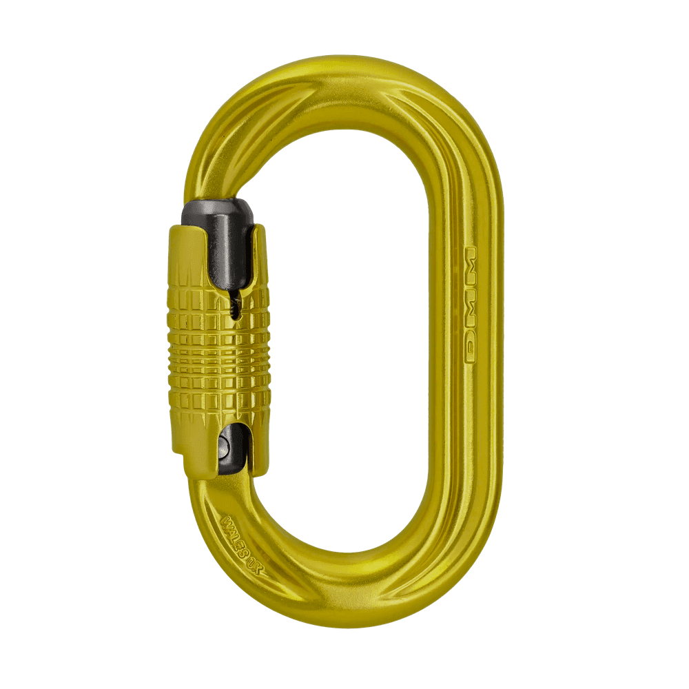 DMM PerfectO Locksafe Carabiner in vibrant yellow, designed for climbing and tree surgeons.