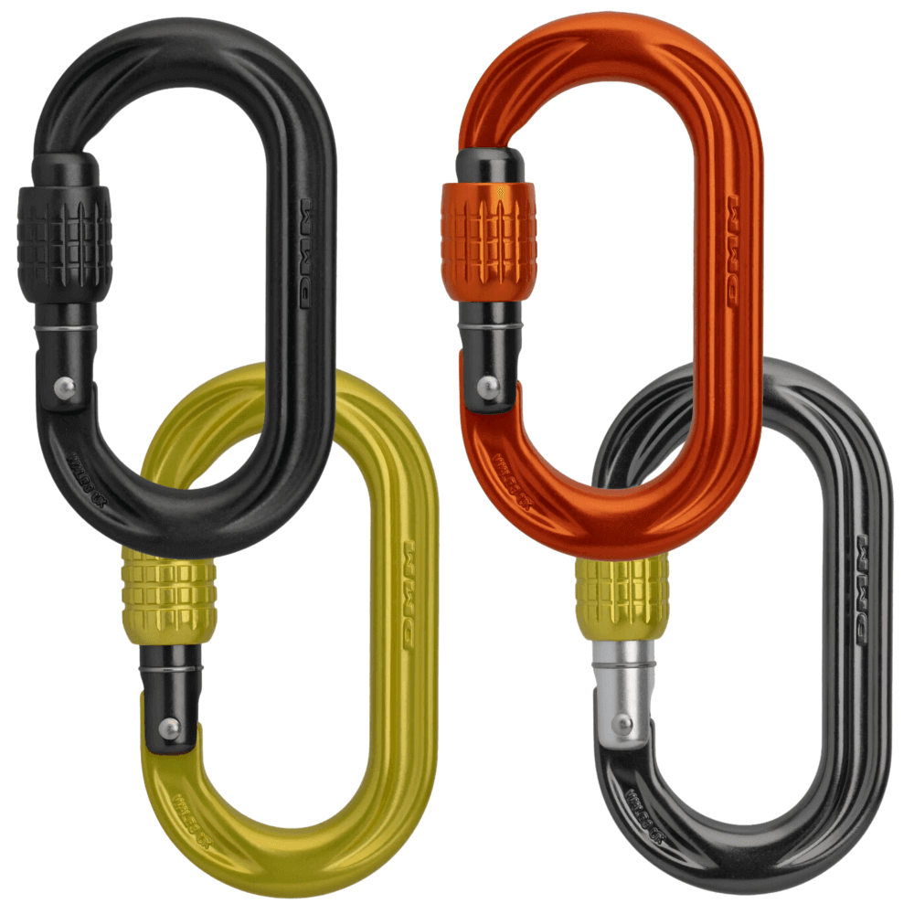 DMM PerfectO Screwgate Carabiners in black, orange, yellow, and gray, ideal for climbers and tree surgeons.