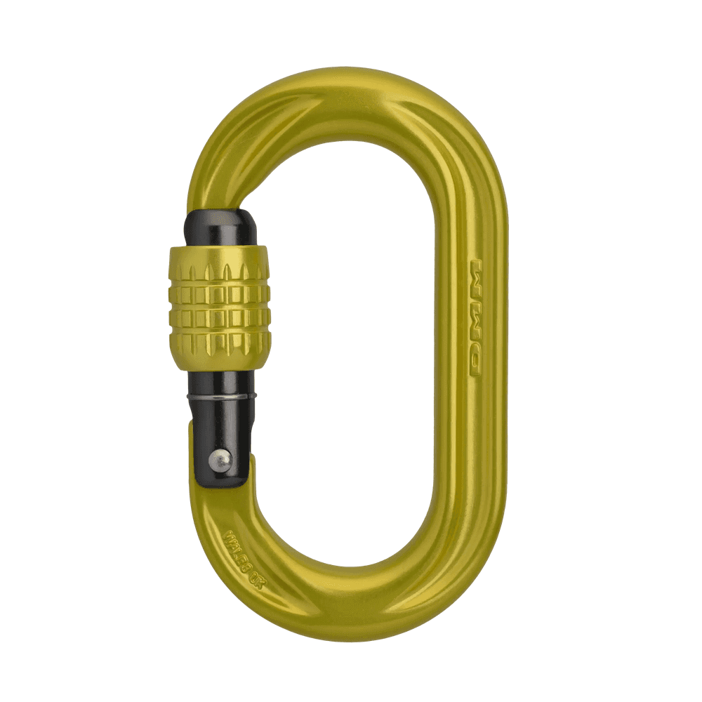 DMM PerfectO Locking Carabiner in yellow designed for climbers and tree surgeons.