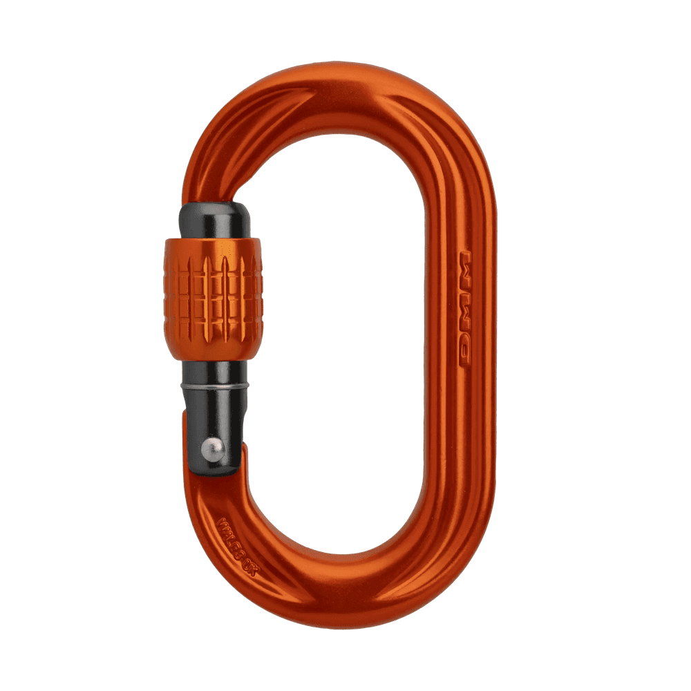 DMM PerfectO Screwgate Carabiner in orange, designed for climbers and tree surgeons, featuring a smooth screw-gate closure.