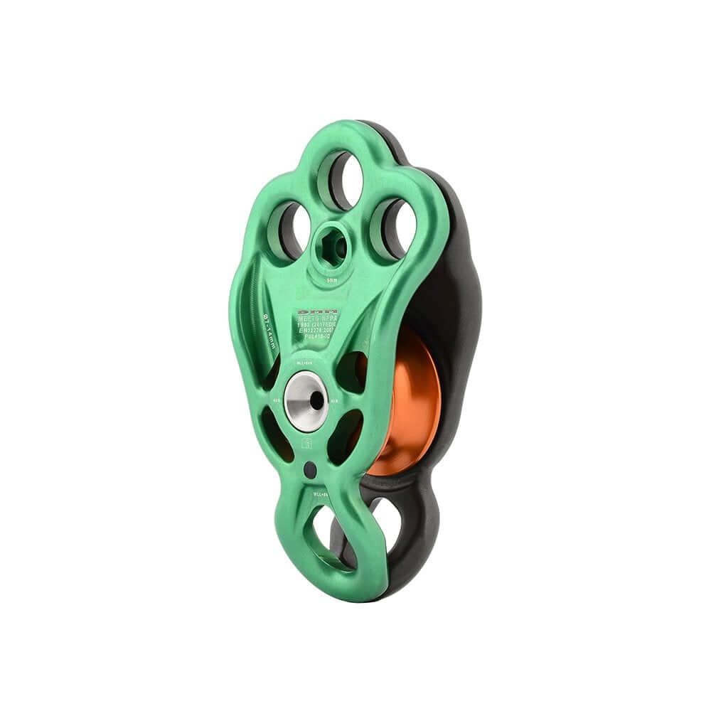 DMM Pinto Rig Pulley in green and orange, ideal for tree surgeons and rigging applications.