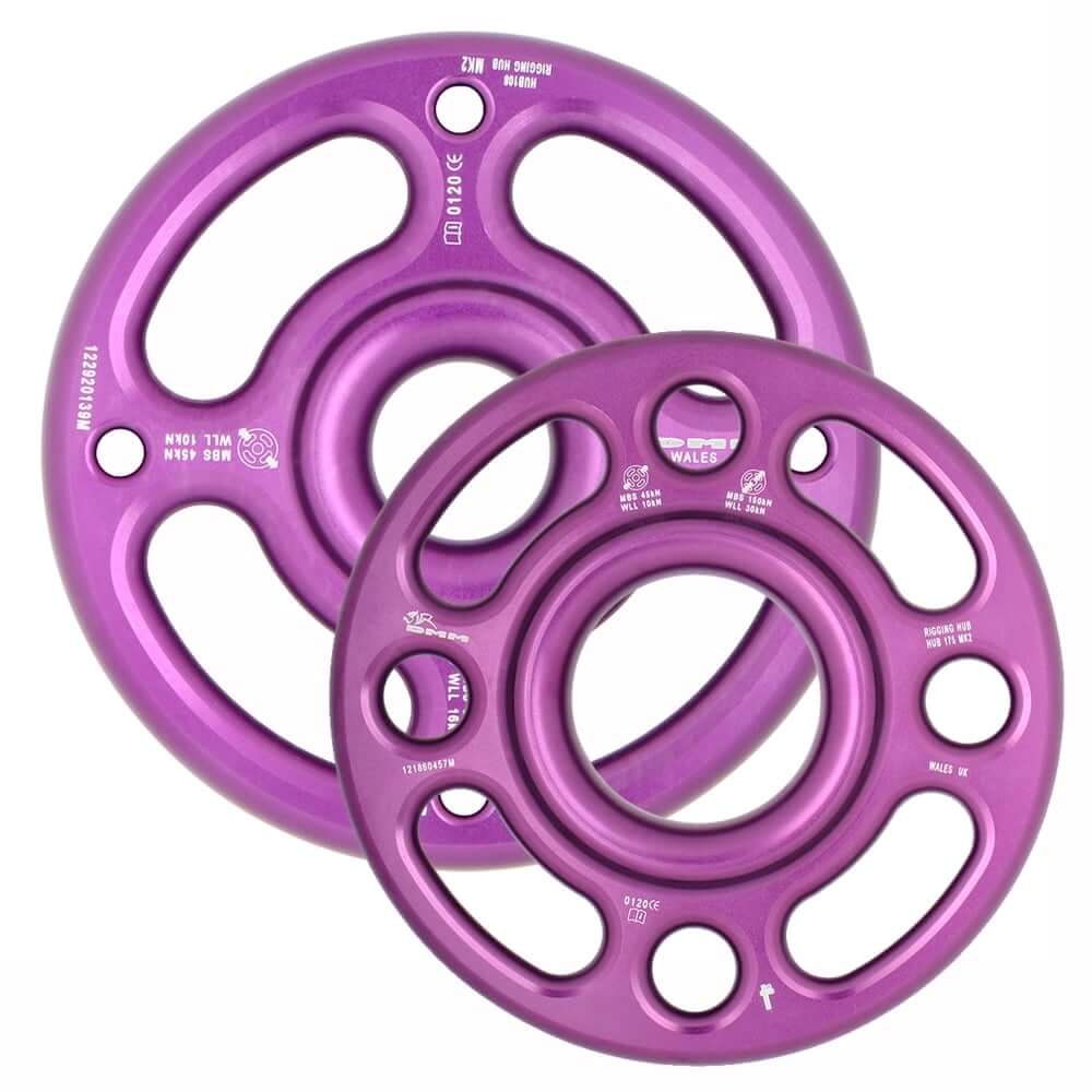 DMM Rigging Hubs Large in purple, versatile anchor for tree surgeons, lightweight aluminum alloy design with multiple attachment slots.