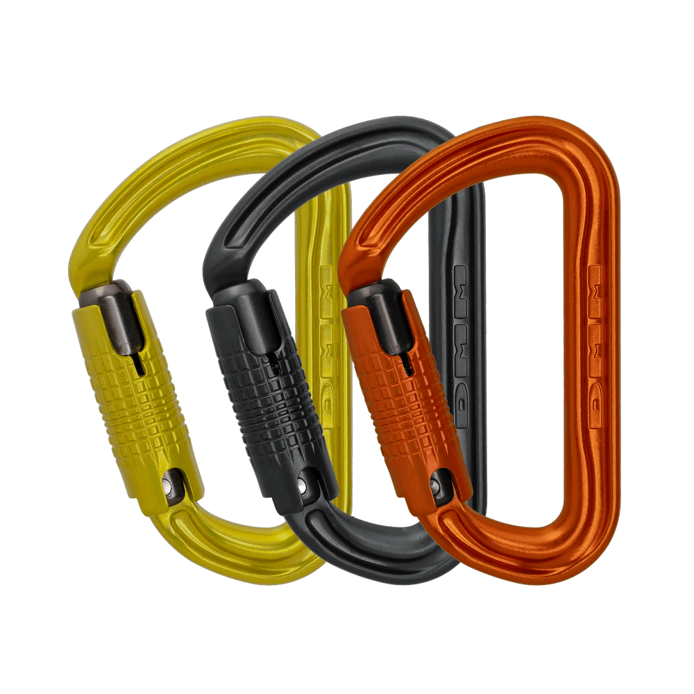 DMM Shadow Locksafe Carabiner in three colors: yellow, black, and orange, perfect for climbing and tree surgeon use.