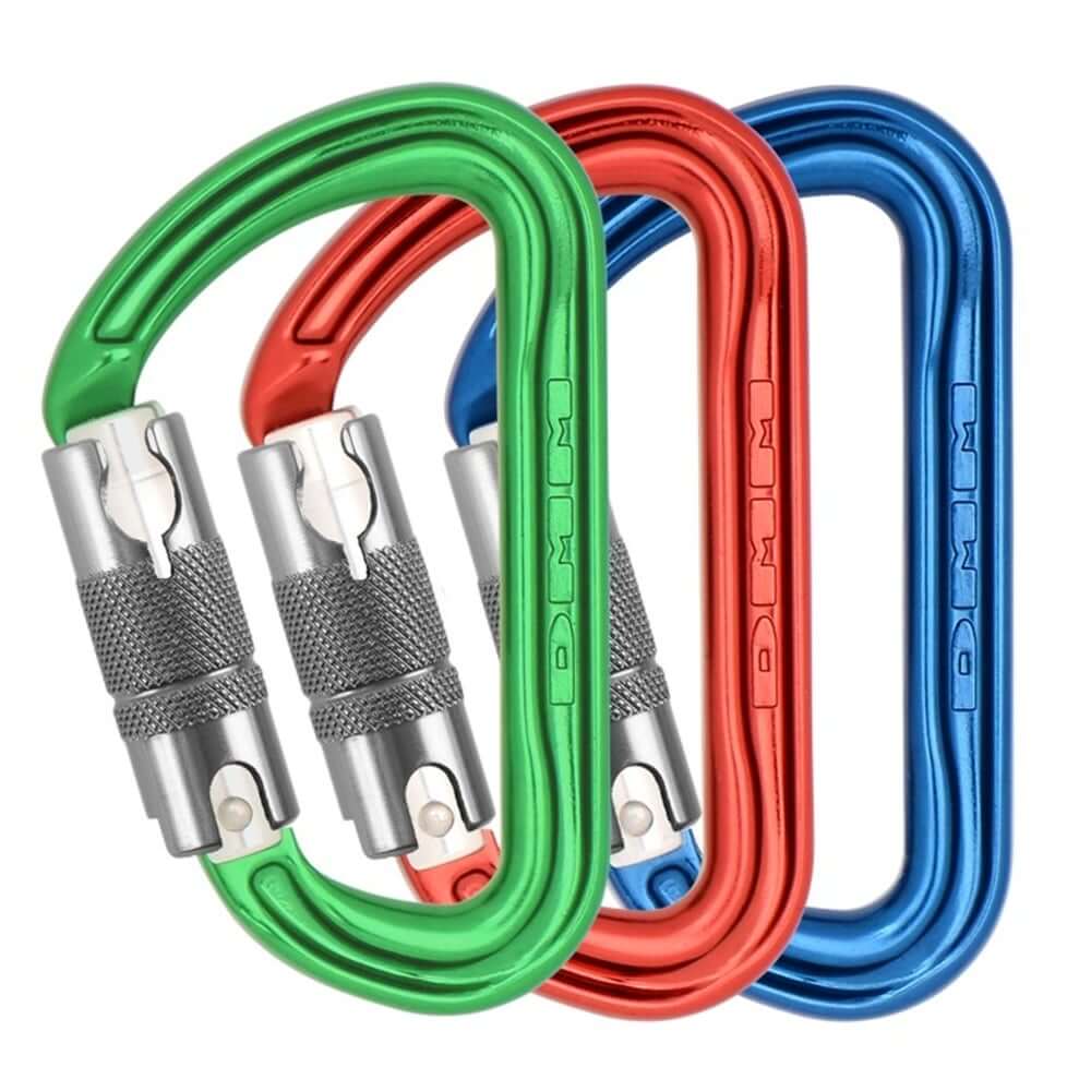 DMM Shadow 3 Pack Locksafe Carabiner set in green, red, and blue, ideal for tree surgeons and climbing.