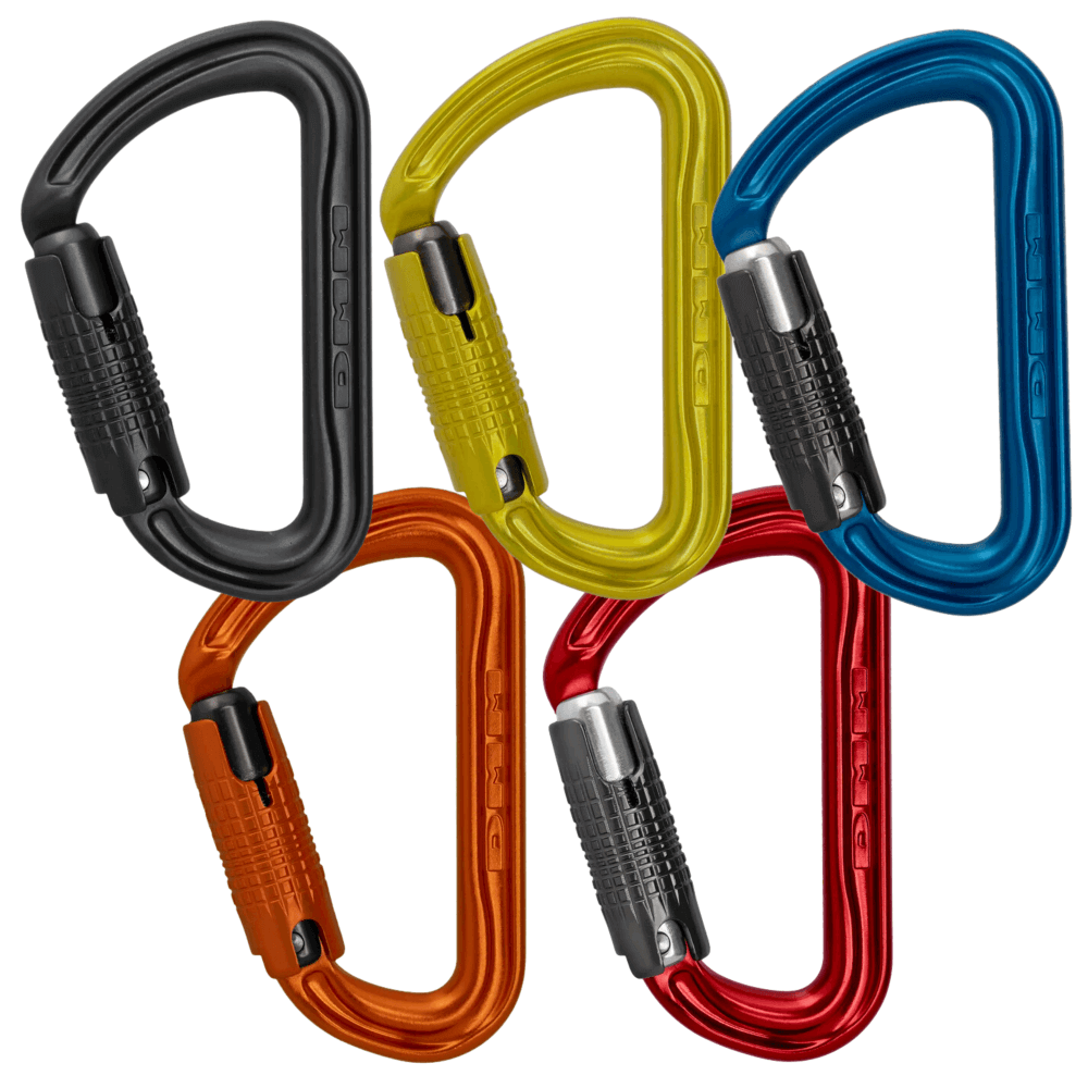 Colorful DMM Shadow Locksafe carabiners in black, yellow, blue, orange, and red, ideal for tree surgeons and climbing.