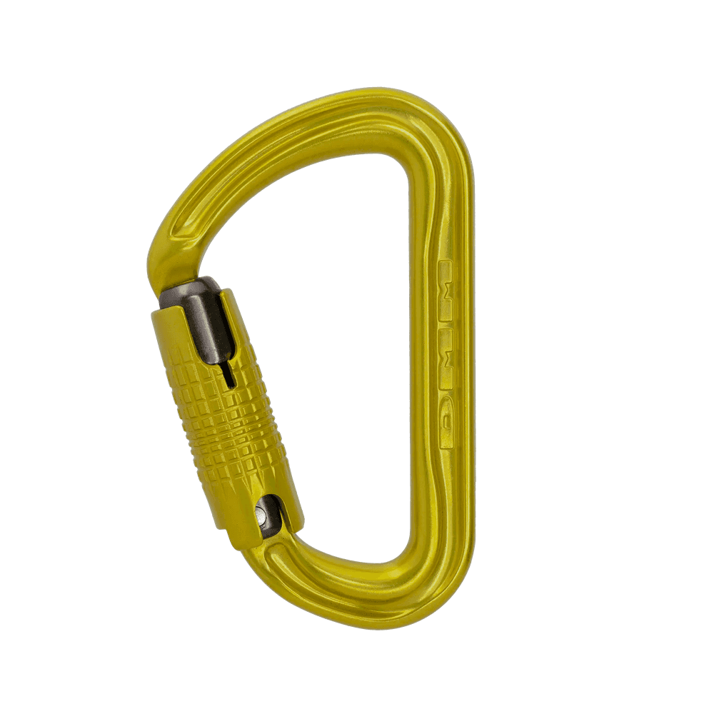 DMM Shadow Locksafe Carabiner in yellow, ideal for tree surgeons, lightweight yet strong for climbing and safety.