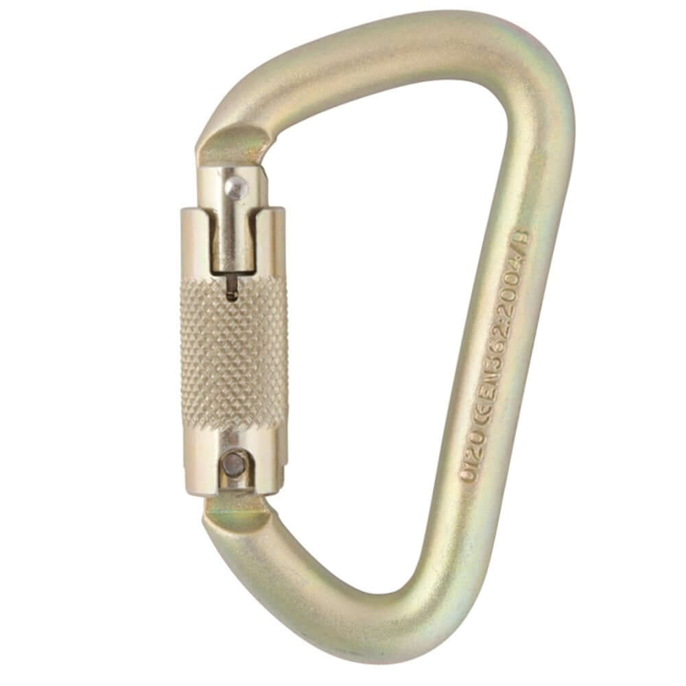 DMM Steel Offset D 12mm Locksafe Carabiner designed for climbing, caving, and tree surgeons, featuring a durable locking mechanism.