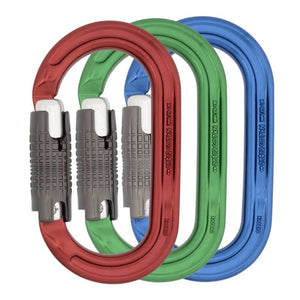 DMM Ultra O Karabiner in red, green, and blue, designed for tree surgeons and climbing professionals.