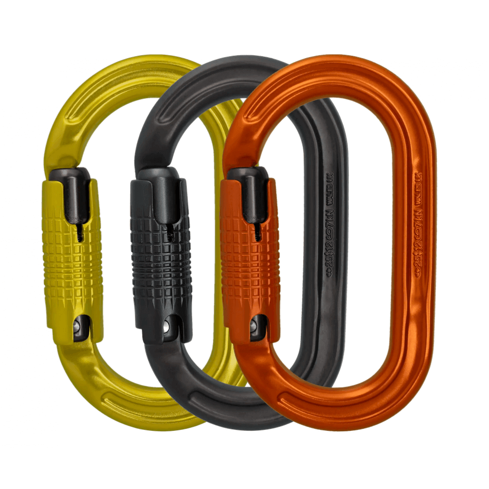DMM Ultra O 3 Pack Locksafe Carabiners in lime, grey, and orange for tree surgeons and outdoor activities.