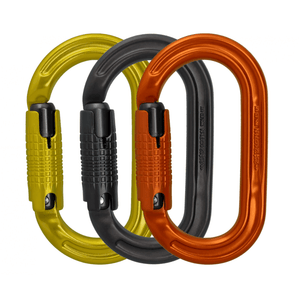 DMM Ultra O 3 Pack Locksafe Carabiners in lime, grey, and orange for tree surgeons and outdoor activities.