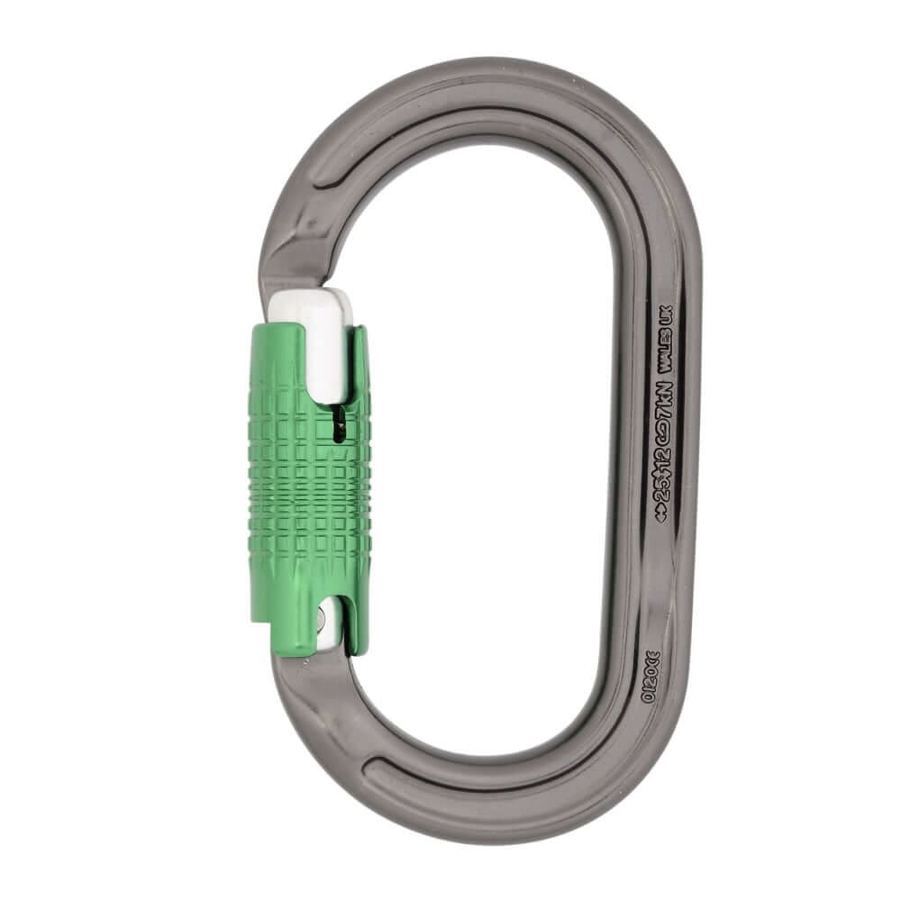 DMM Ultra O Locksafe Carabiner in grey and green, ideal for tree climbing and secure outdoor adventures.