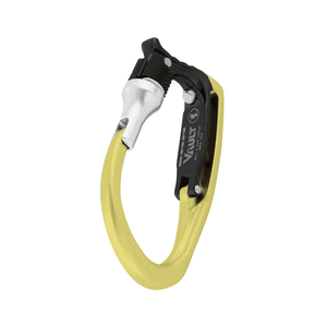 DMM Vault Locking Gate Tool Clip in yellow, ideal for tree surgeons and secure tool carrying.