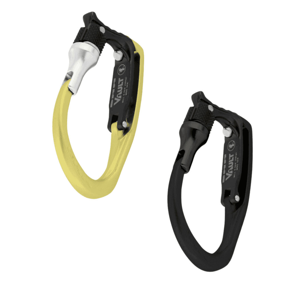 DMM Vault Locking Gate Tool Clip, strong carabiner for tree surgeons, secure tool carrying, black and yellow design.