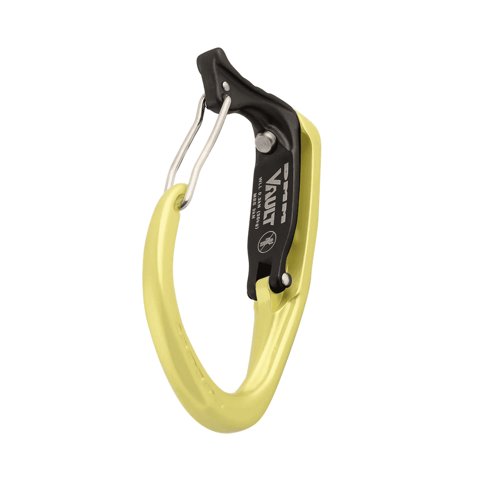 DMM Vault Wire Gate Tool Clip in yellow; ideal for tree surgeons, ensuring tools are secure and within reach.