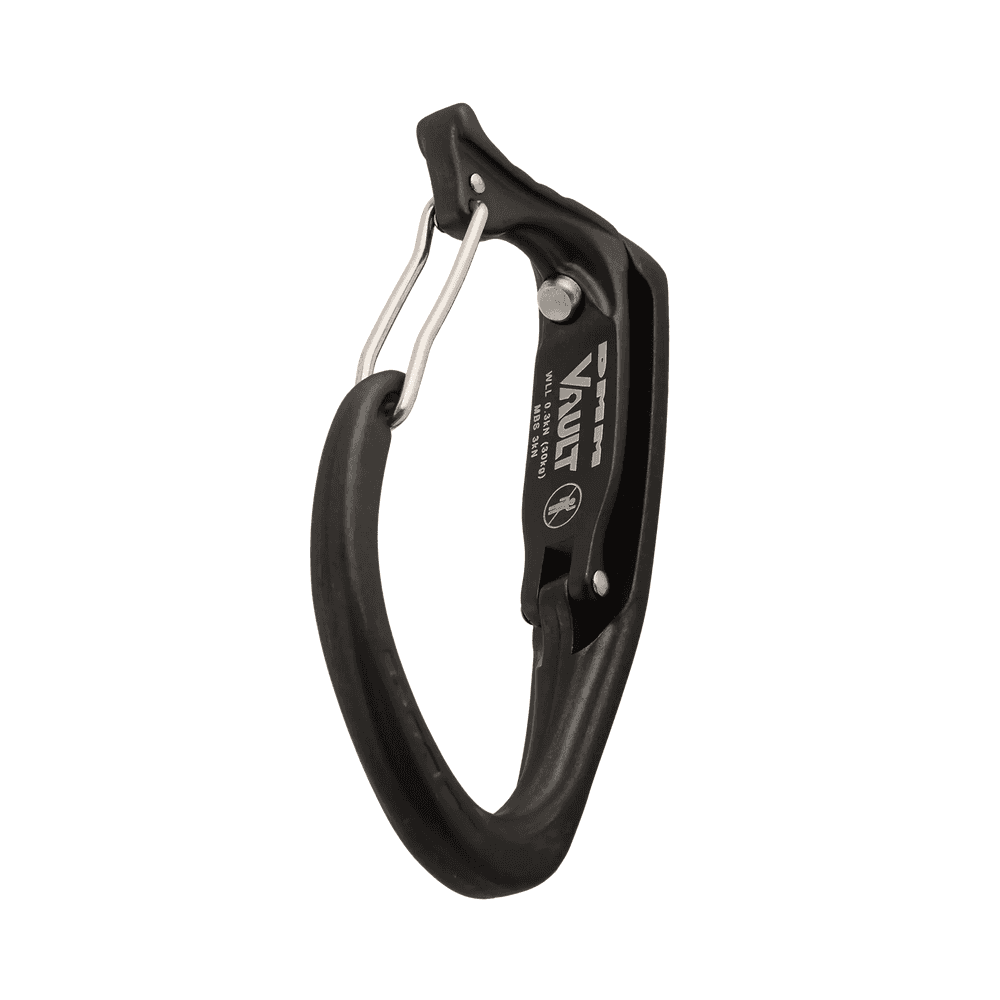 DMM Vault Wire Gate Tool Clip in black, designed for tree surgeons and outdoor climbing, showcasing durable aluminum alloy construction.