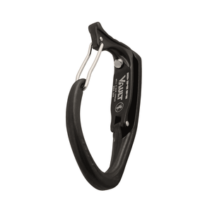 DMM Vault Wire Gate Tool Clip in black, designed for tree surgeons and outdoor climbing, showcasing durable aluminum alloy construction.