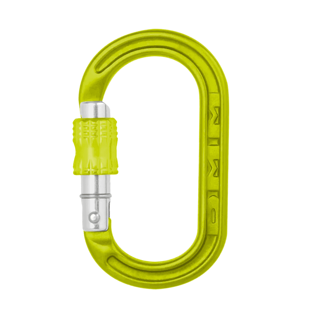 DMM XSRE Lock Mini Carabiner in bright yellow, featuring a screw gate closure for security and lightweight design, ideal for tree surgeons.