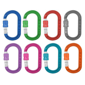 Colorful XSRE Lock Mini Carabiners in various colors for tree surgeons and outdoor enthusiasts, showcasing secure screw gate closures.