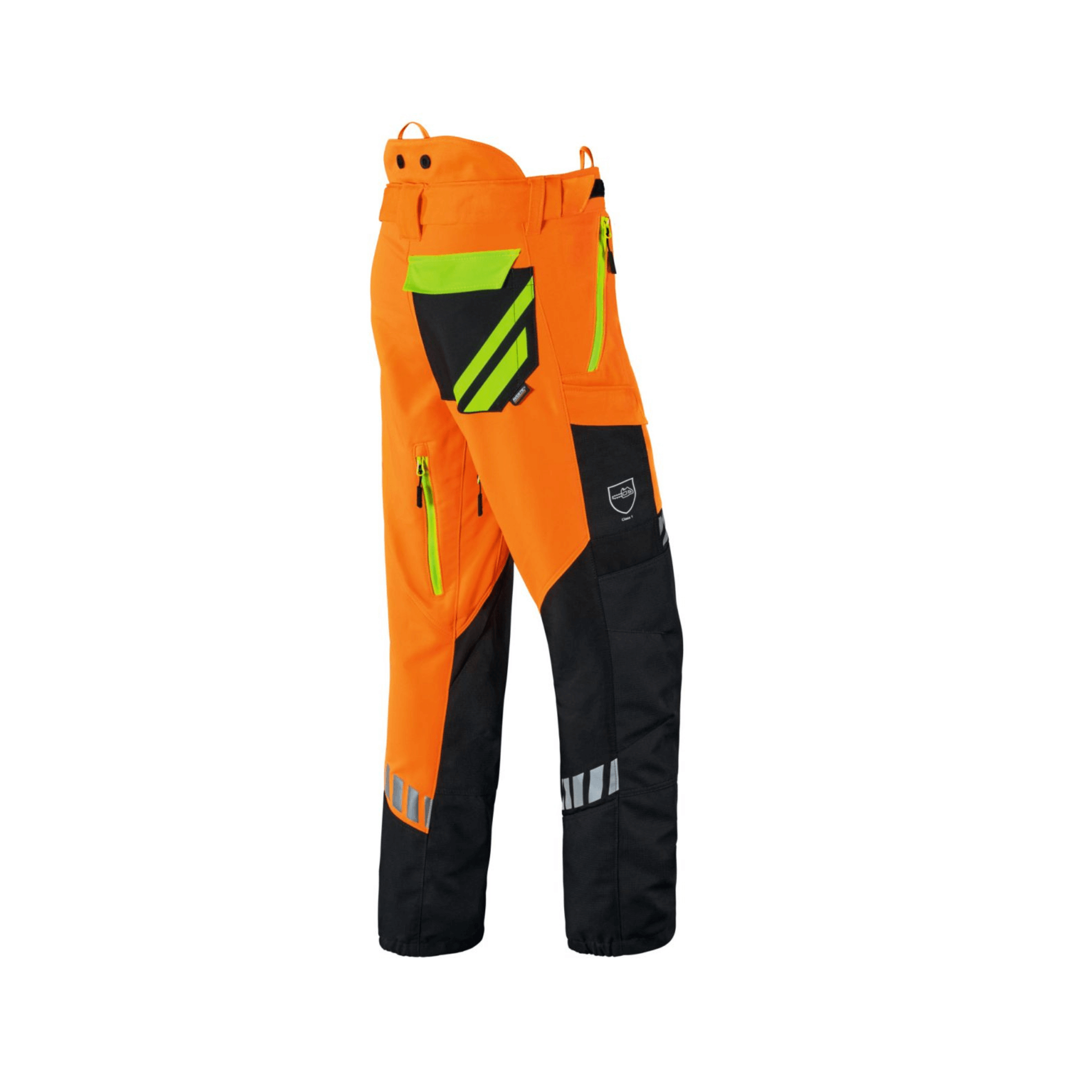 STIHL DYNAMIC DuroTEC Chainsaw Trousers Type C in bright orange, designed for tree surgeons and outdoor professionals.