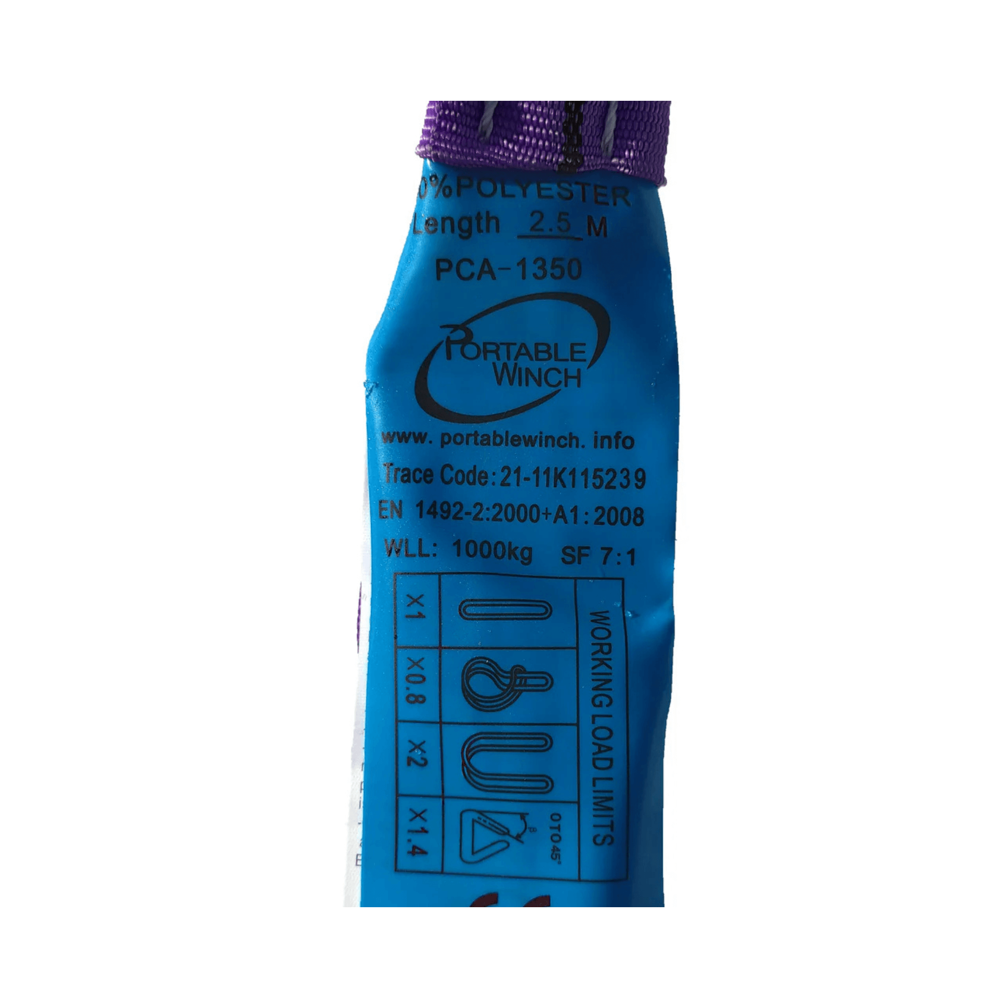 Portable Winch 2.5m polyester sling label showing specifications and working load limits for tree surgeons.