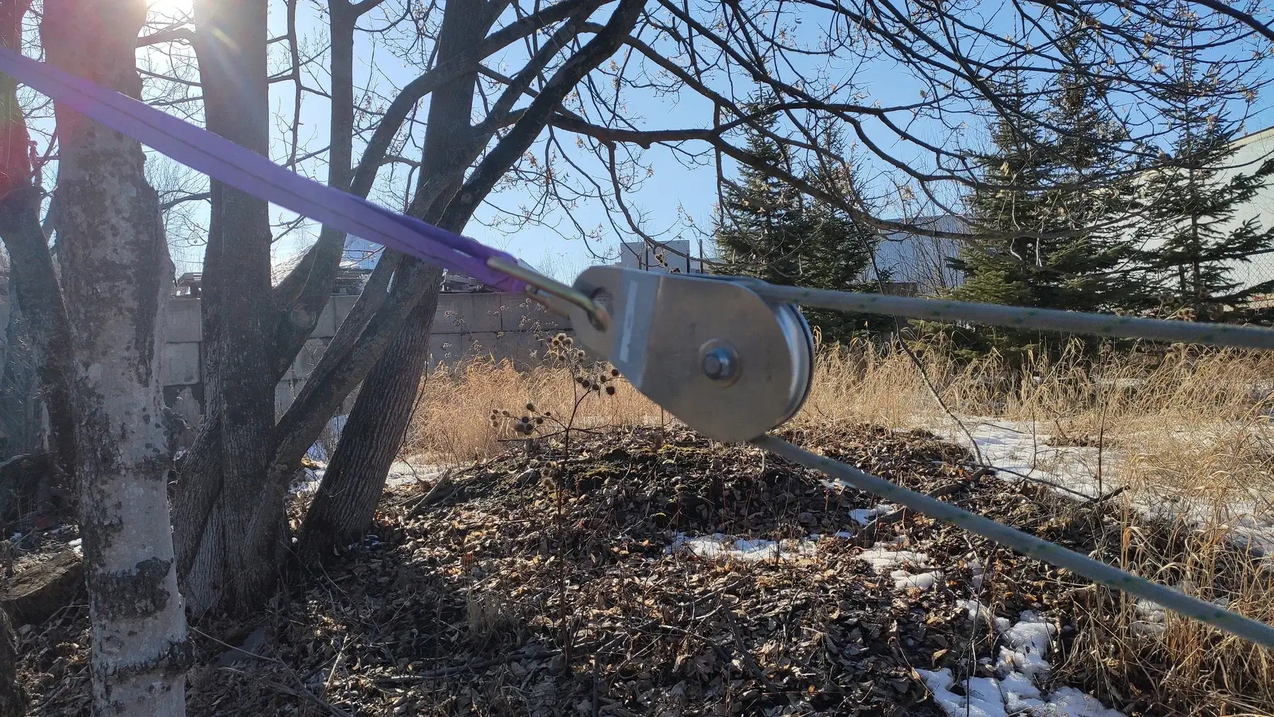 Close-up of a pulley system used for tree surgeon applications, showcasing a Portable Winch with endless round sling.