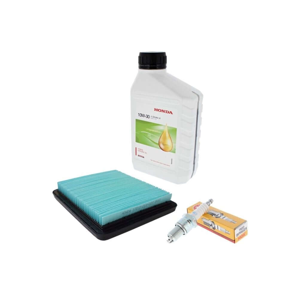 Engine service kit for Honda IZY mowers, includes oil, air filter, and spark plug. Ideal for Tree Surgeons.