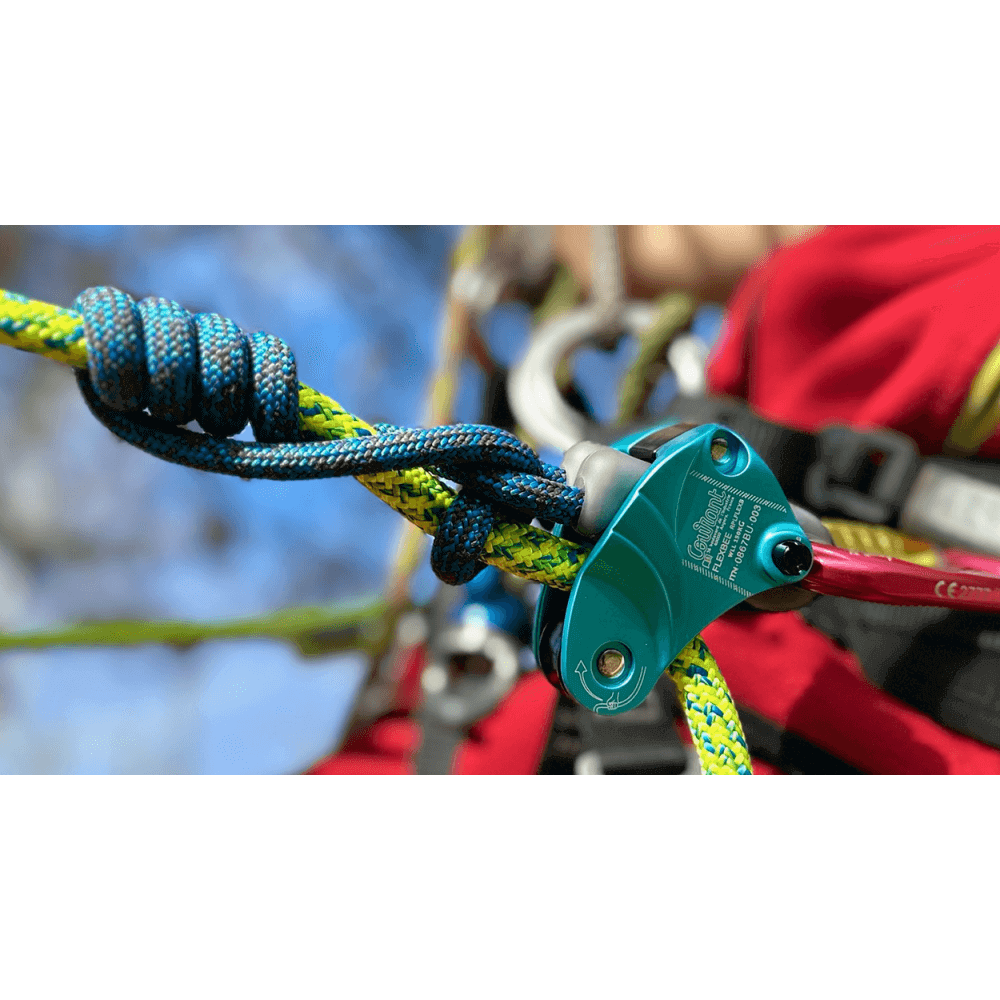 Close-up of the Flexbee V2 Snapo Prusik Rope Lanyard with vibrant blue and green rope, ideal for tree surgeons and arborists.