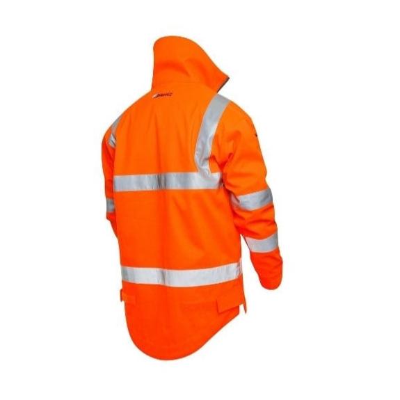 Hi-Vis orange forestry smock with reflective stripes, designed for tree surgeons, providing waterproof and breathable protection.