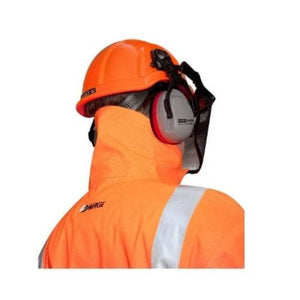 Worker in Hi-Vis orange forestry smock with helmet and earmuffs, designed for tree surgeons and outdoor safety.