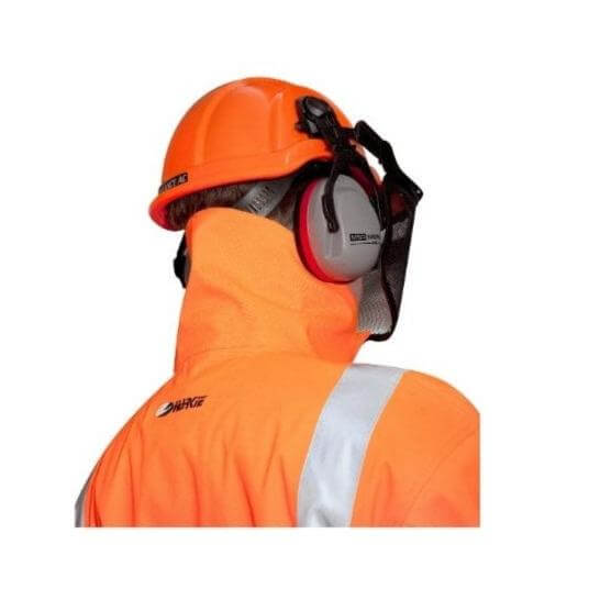 Worker in Hi-Vis orange forestry smock with helmet and earmuffs, designed for tree surgeons and outdoor safety.