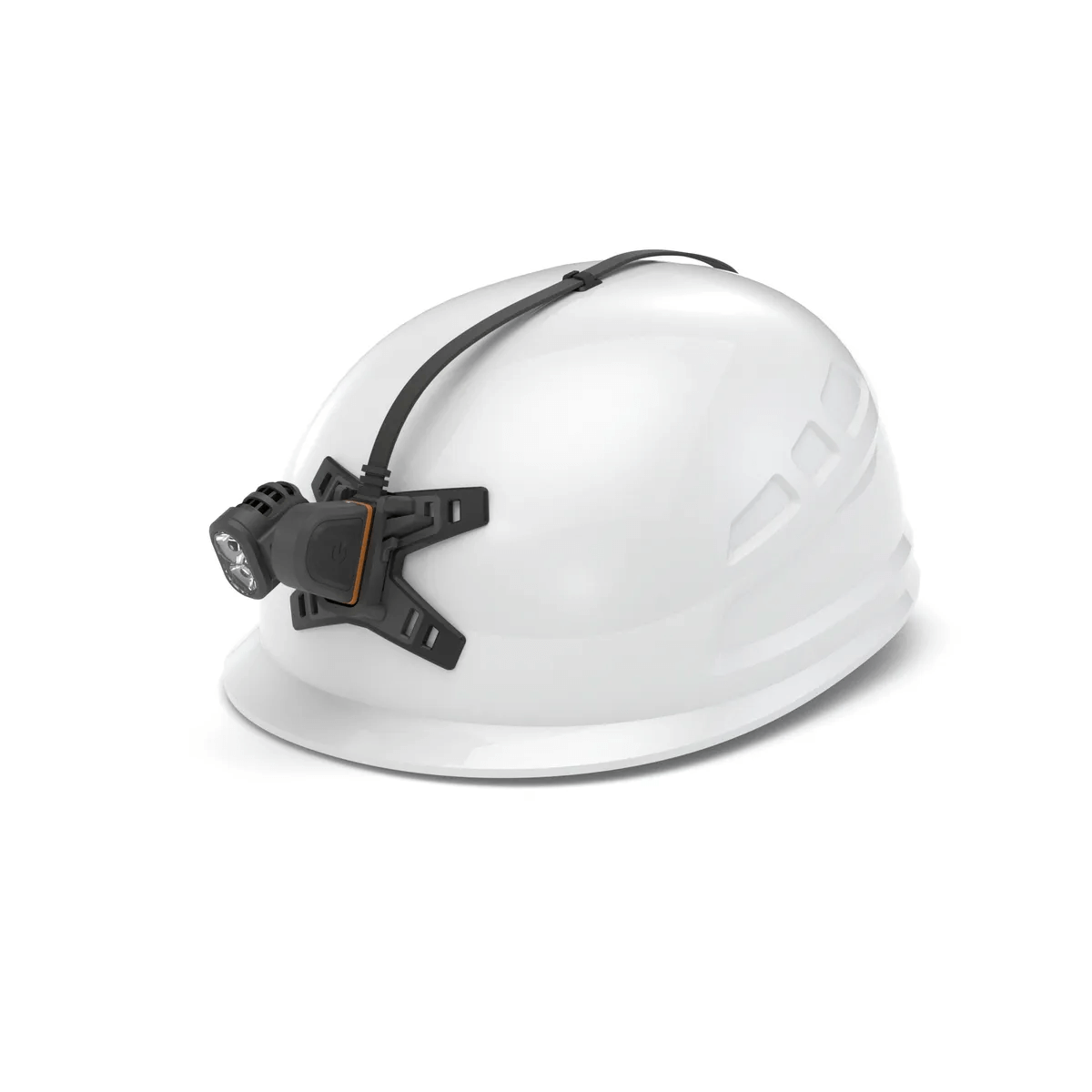 FreeLight 1200 head torch attached to a white hard hat, designed for tree surgeons and professionals.
