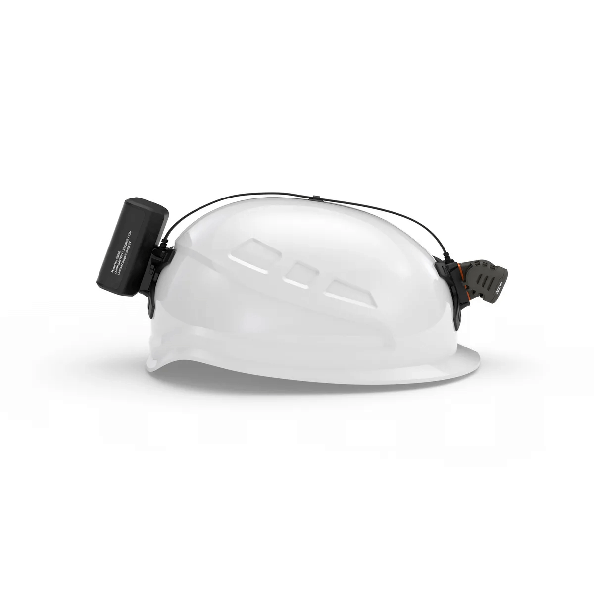 FreeLight 1200 headlamp attached to a white hard hat, ideal for tree surgeons and outdoor professionals.