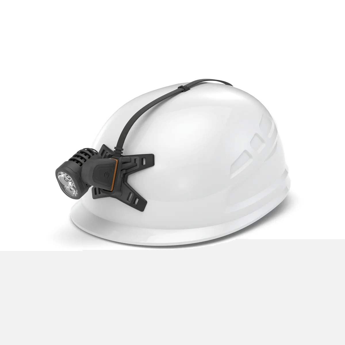 FreeLight 3000 head torch mounted on a white hard hat, ideal for tree surgeons and professionals requiring bright lighting.