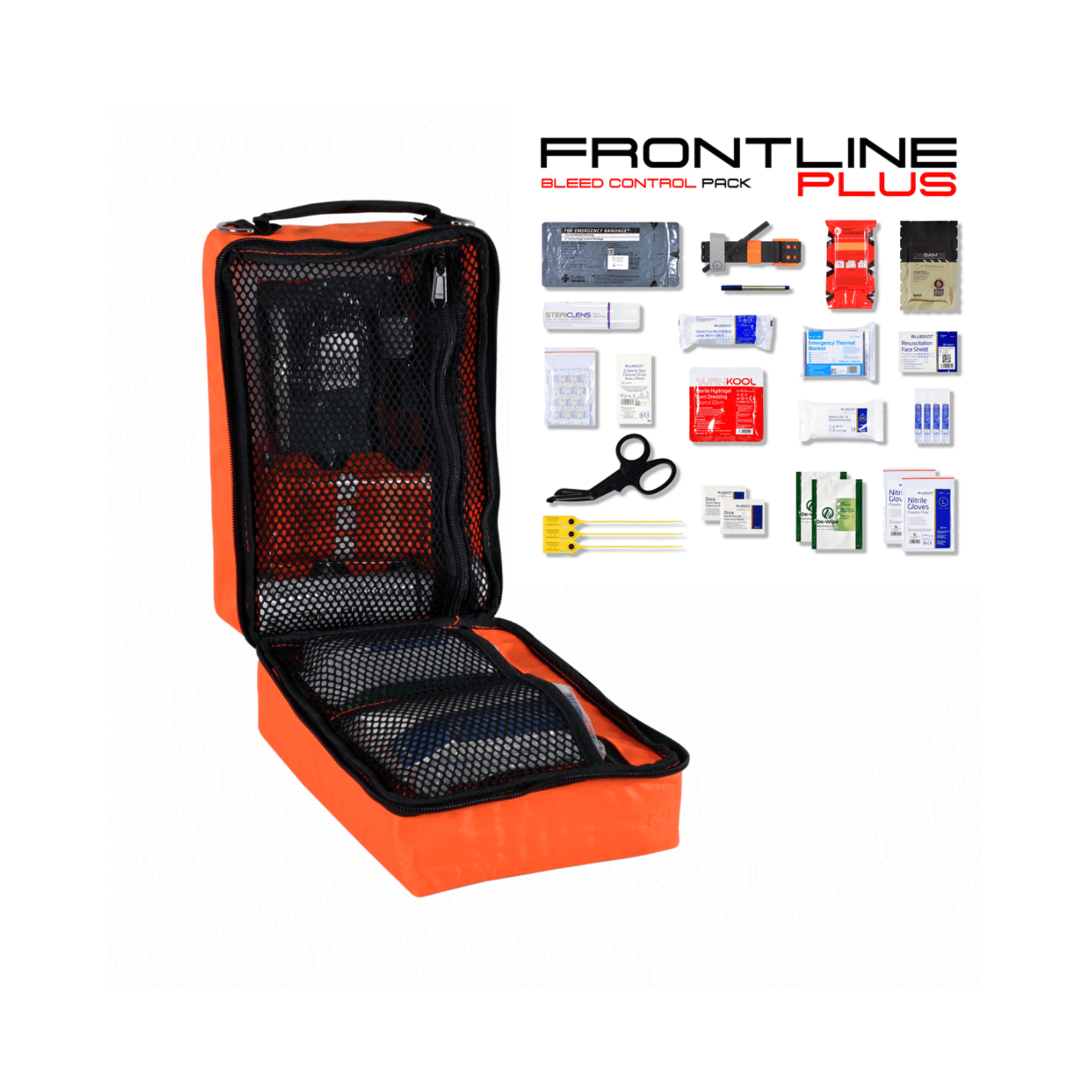 FRONTLINE Plus Bleed Control Trauma Kit for first responders and arborists, essential medical supplies in an organized case.