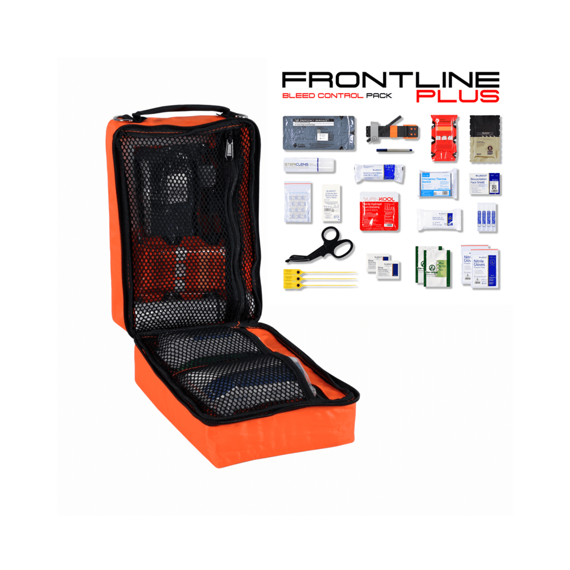 FRONTLINE Plus Bleed Control Trauma Kit for first responders and arborists, essential medical supplies in an organized case.