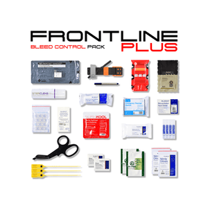 FRONTLINE Plus Bleed Control Trauma Kit contents for arborists and first responders, including bandages and scissors.