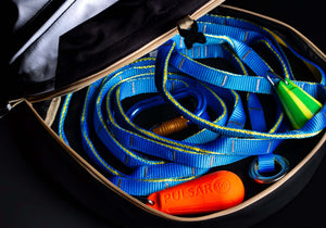 Interior view of FTC Matriosac 3 throwbag with blue throwline and climbing gear, designed for tree surgeons.