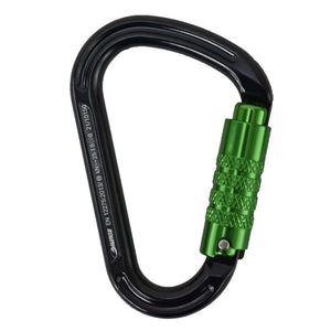 Harkie HMS 3 Way Locking Climbing Carabiner in black and green, ideal for climbers and tree surgeons.