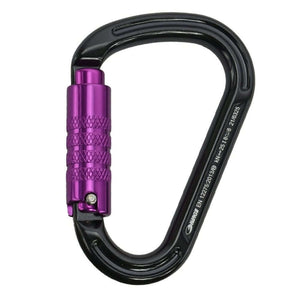 Harkie HMS 3 Way Locking Climbing Carabiner in black and purple, ideal for tree surgeons and outdoor enthusiasts.