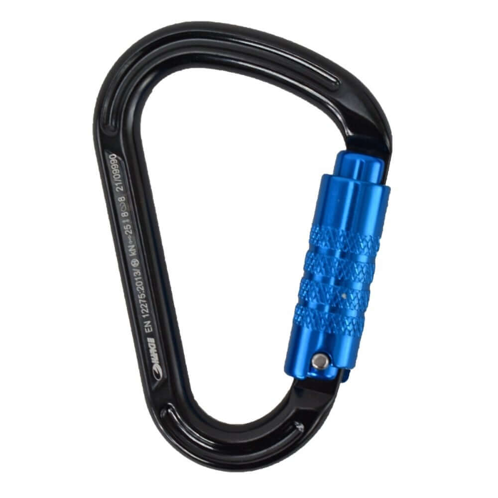 Harkie HMS 3 Way Locking Climbing Carabiner featuring a black body and blue locking mechanism, ideal for tree surgeons.