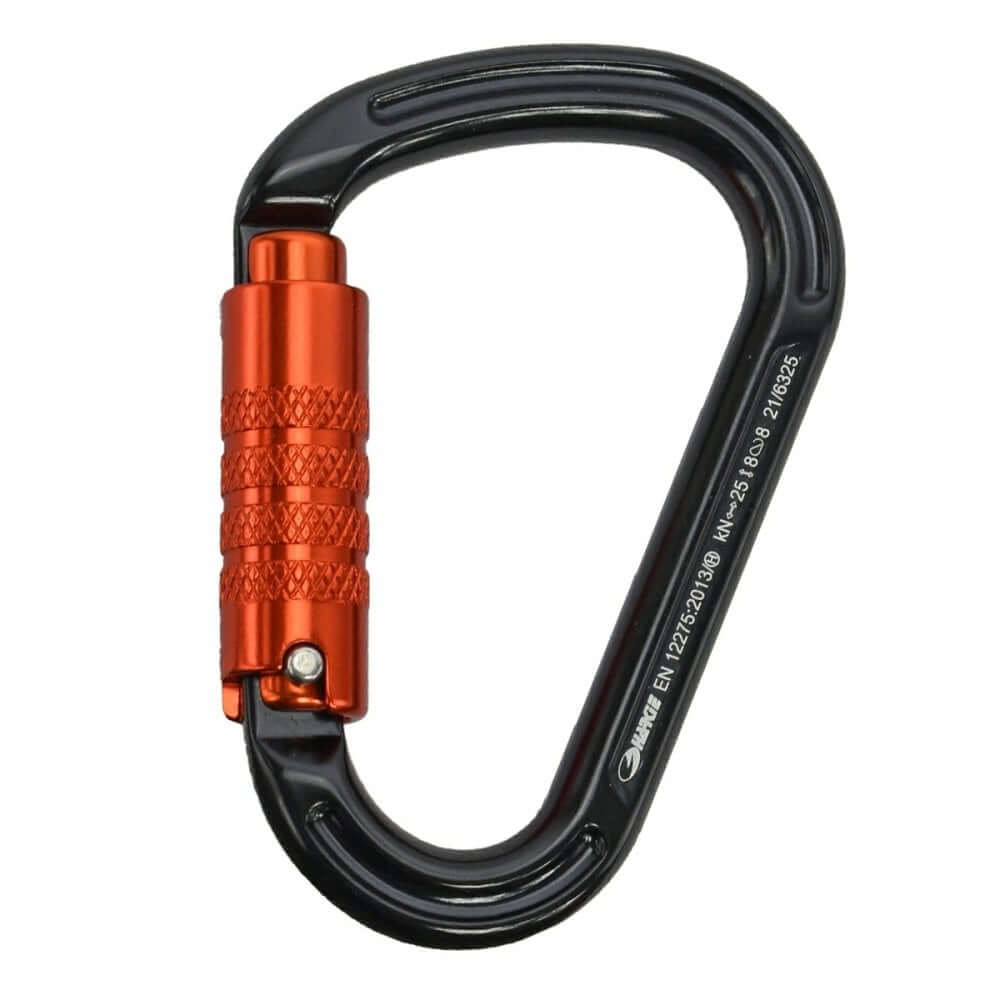 Harkie HMS 3 Way Locking Climbing Carabiner with orange locking mechanism, ideal for tree surgeons and climbers.