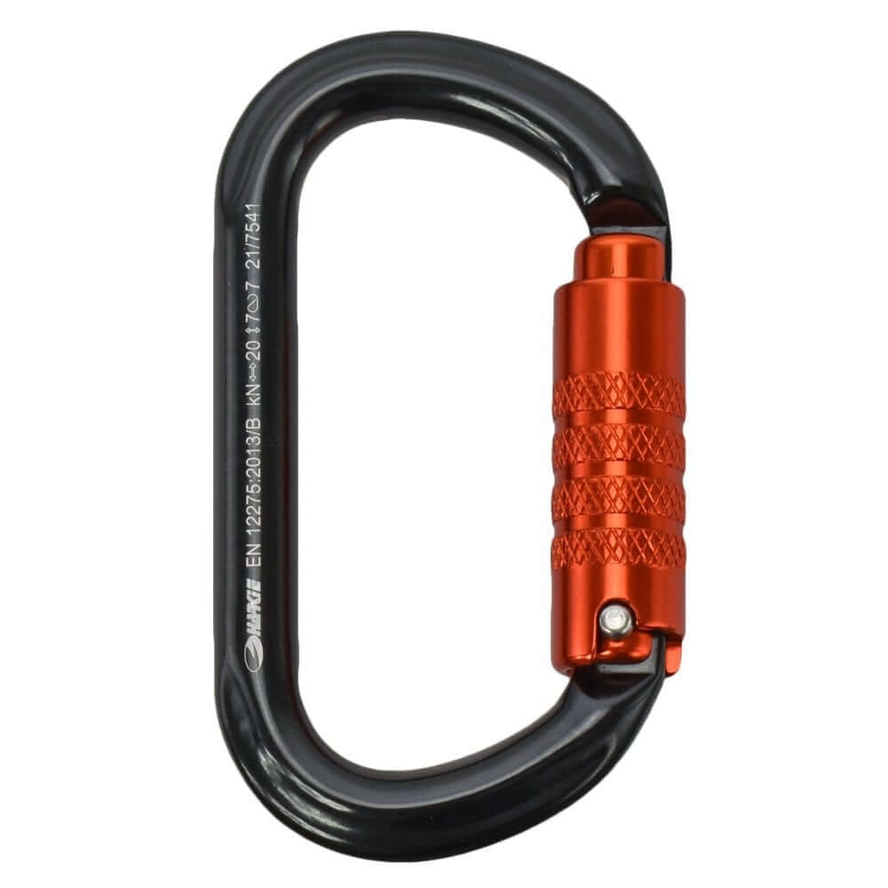 Harkie Oval 3 Way Locking Karabiner for tree surgeons, featuring a secure triple locking gate for safety.